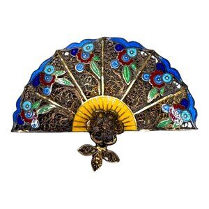 Vintage Topazio Bohemian Silver Filigree Enamel Fan Brooch 925 Blue Green 2"